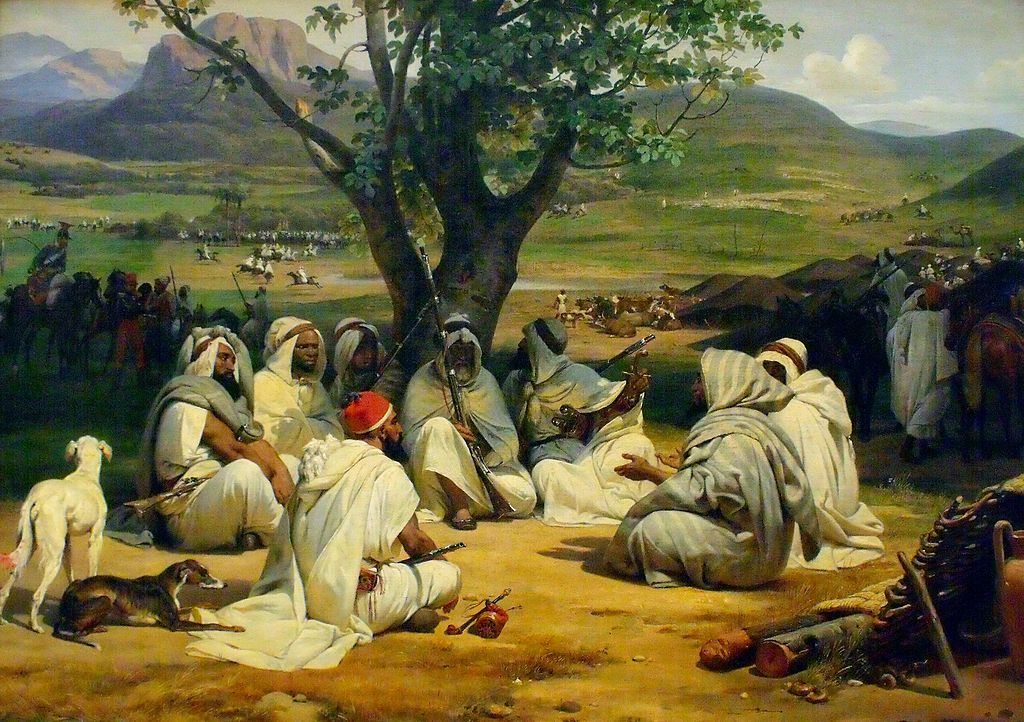 tableau représentant un groupe d'hommes assis en train de discuter