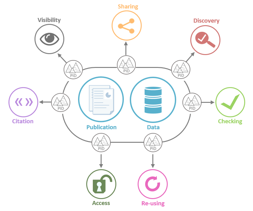 Diagramme représentant les principaux éléments du cycle de gestion des données : publication, partage, vérification, citation