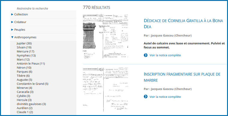 Interface de recherche : 770 résultats archéologiques avec menu de filtres et notices d'inscriptions antiques par J. Gascou
