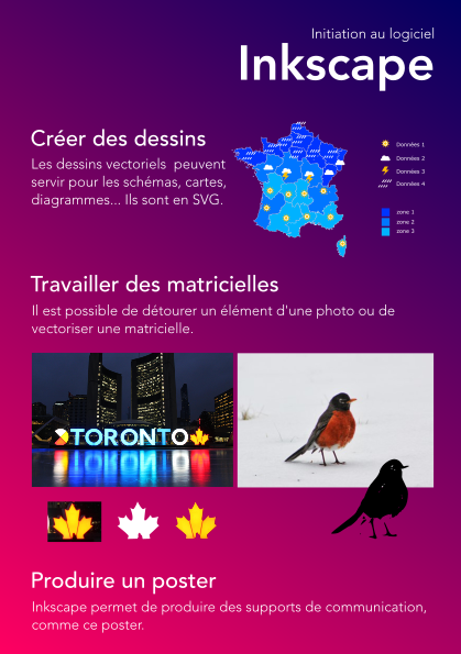 Poster final avec fond coloré contenant une carte météo de la France, du texte et des images matricielles et vectorielles.