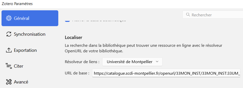 Capture d'écran montrant le paramétrage d'un résolveur de liens.