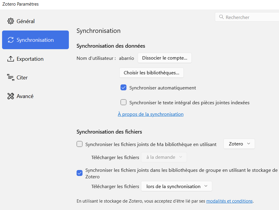 Capture d'écran montrant la synchronisation d'un compte Zotero.