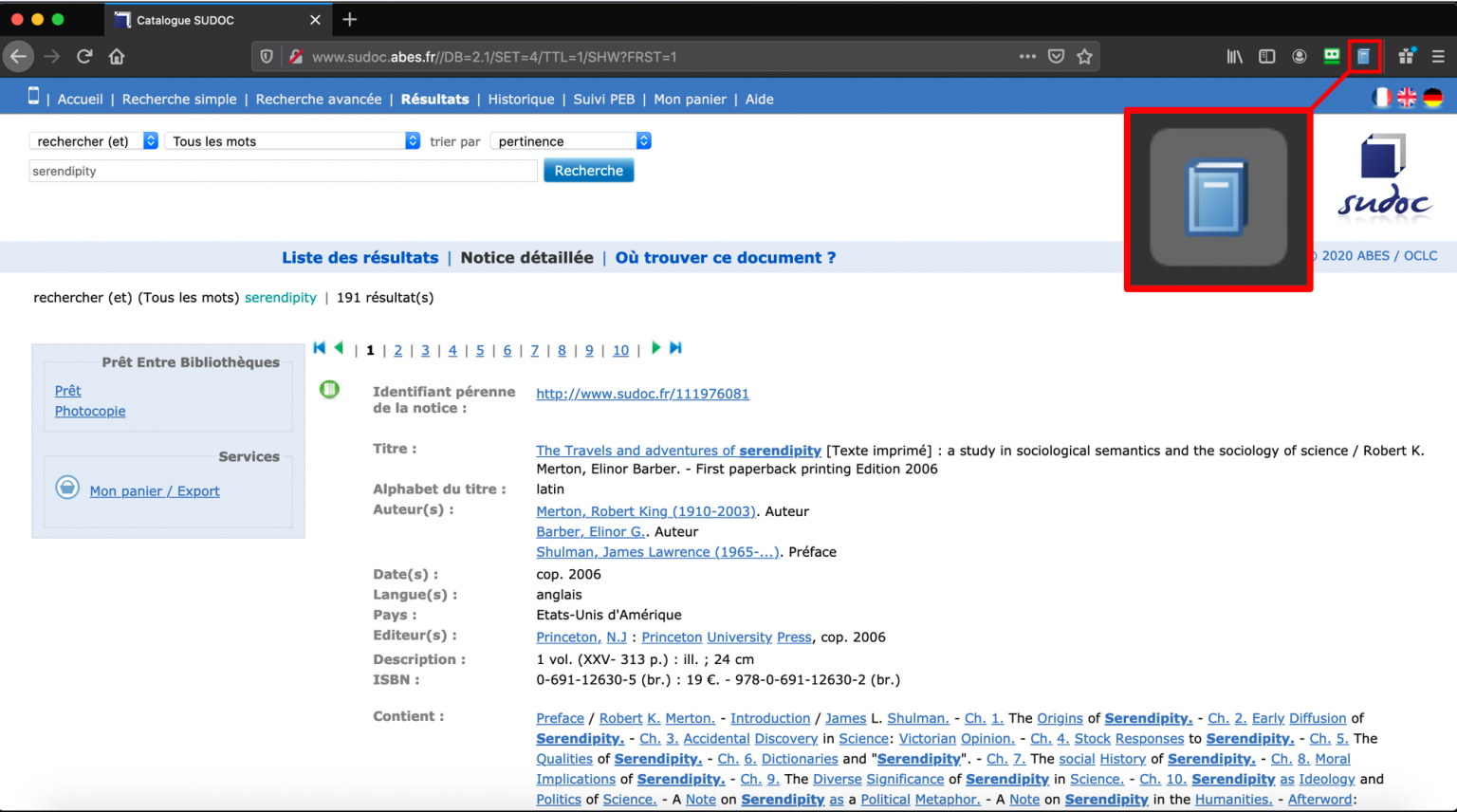 Capture d'écran de la page de l'ouvrage dans le Sudoc, montrant l'icône ouvrage de Zotero dans le navigateur.