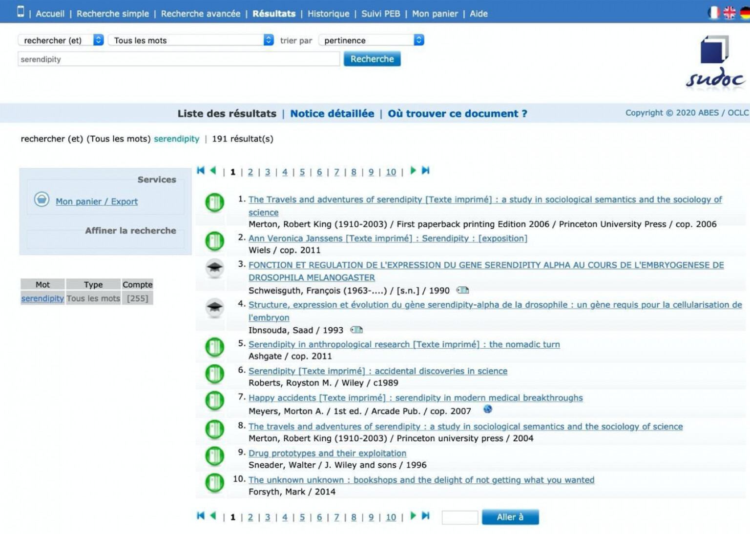 Capture d'écran de la page de résultat du Sudoc.