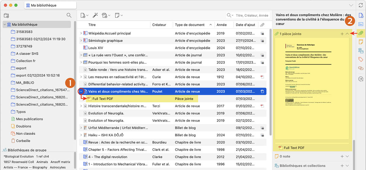 Capture d'écran de Zotero montrant l'affichage du texte intégrale en pièce jointe.