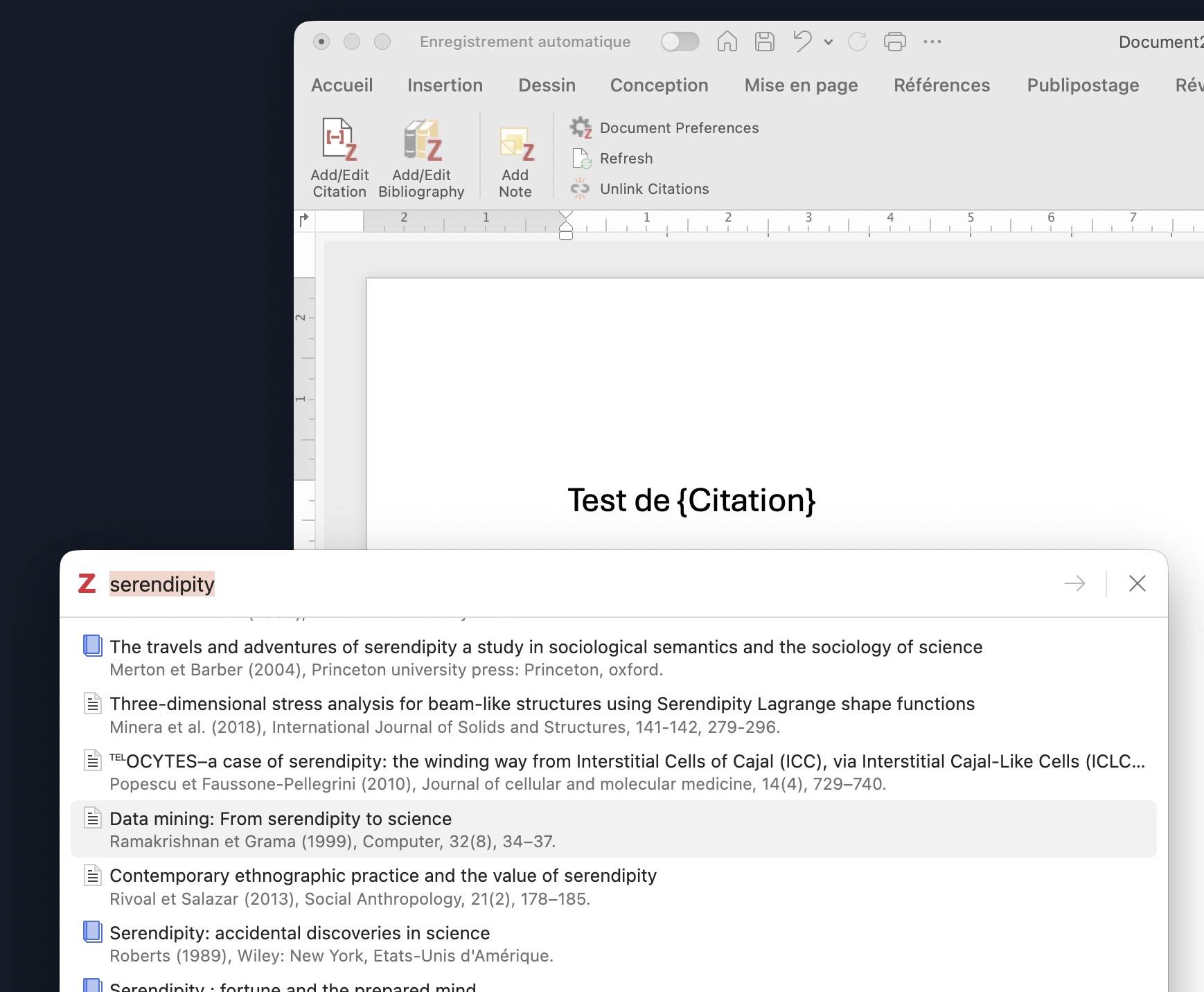 Capture d'écran d'ajout de citation bibliographique dans Zotero.