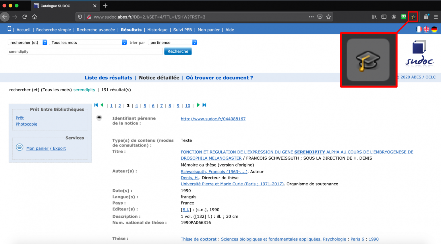 Screenshot of the book page in Sudoc, showing the Zotero thesis icon in the browser.