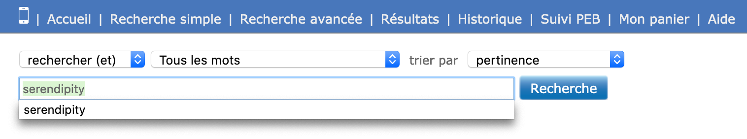Screenshot of a search in Sudoc using the term serendipity.